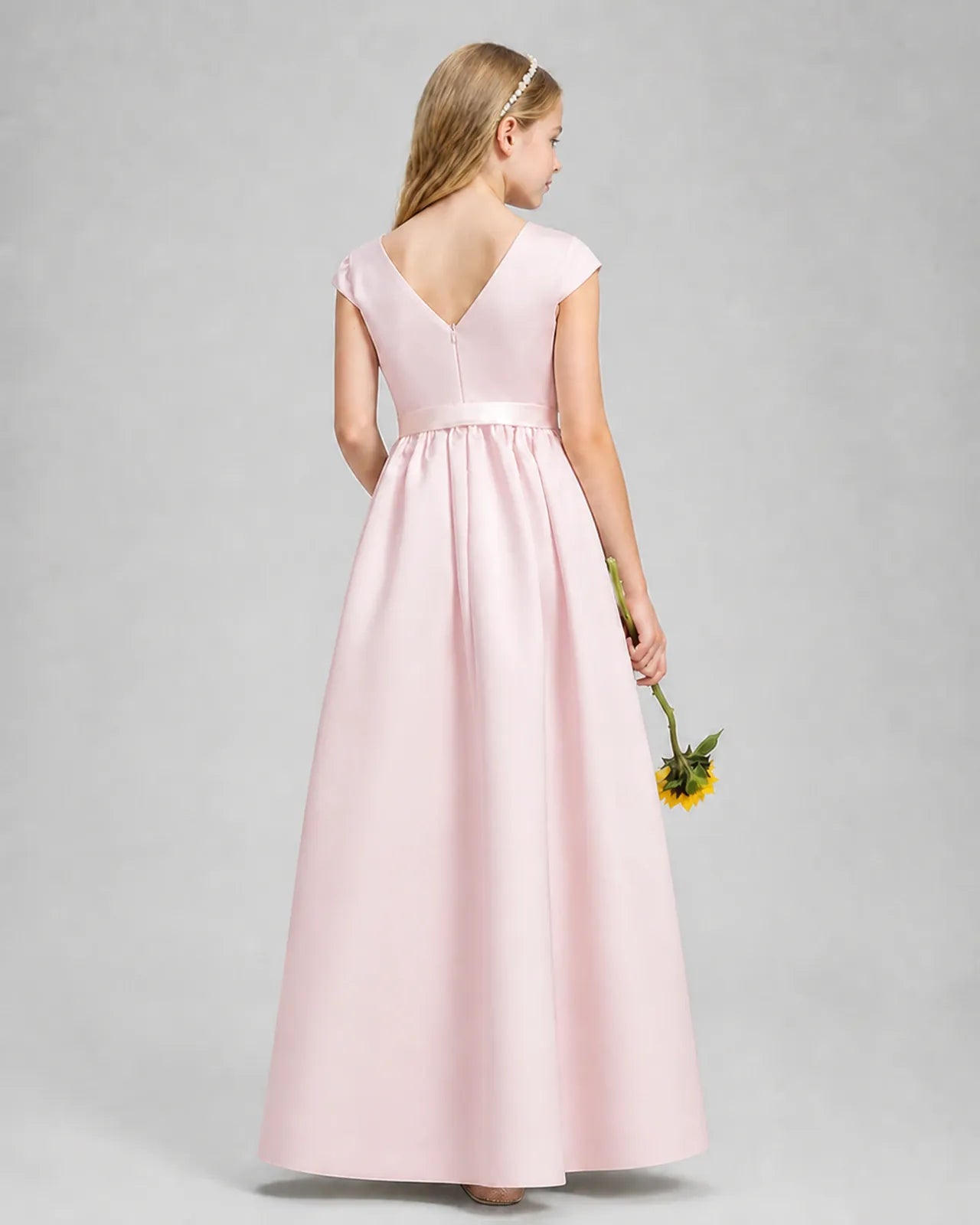 Blush Pink Satin A-line Junior Bridesmaid Dress Back View