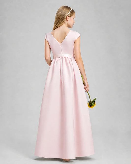 Blush Pink Satin A-line Junior Bridesmaid Dress Back View
