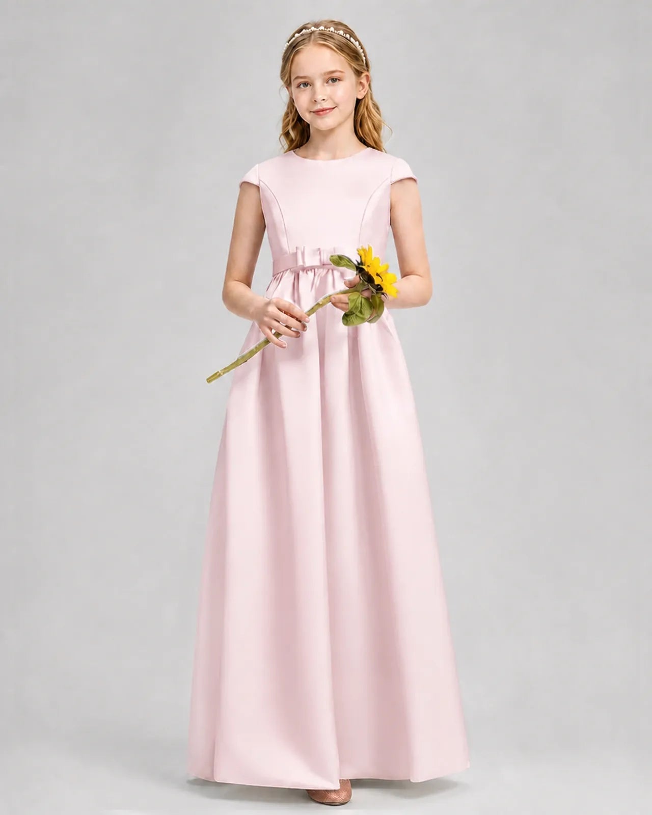 Blush Pink Satin A-line Junior Bridesmaid Dress Front View