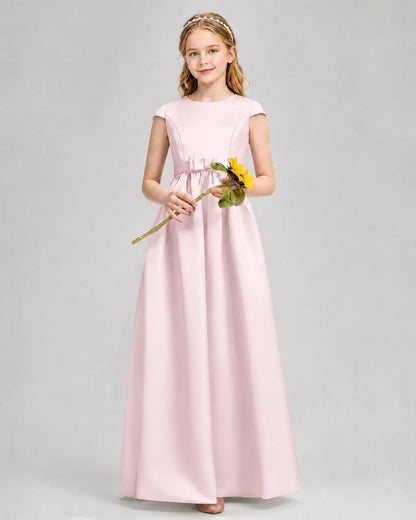 Blush Pink Satin A-line Junior Bridesmaid Dress Front View