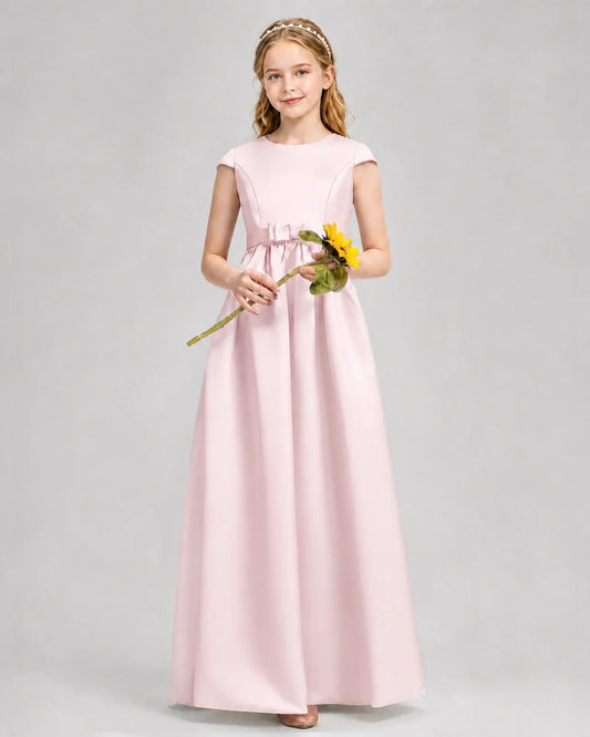 Blush Pink Satin A-line Junior Bridesmaid Dress Front View