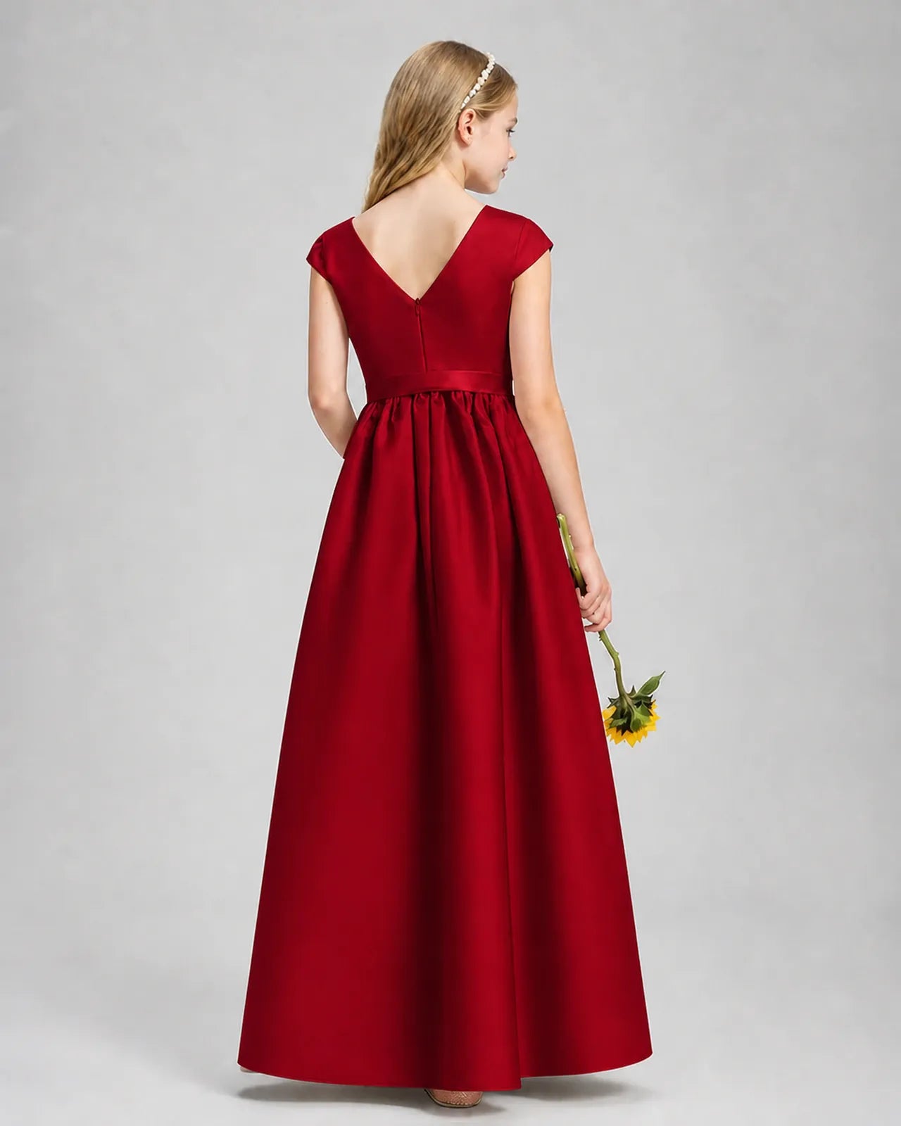 Burgundy Satin A-line Junior Bridesmaid Dress Back View