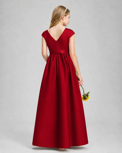 Burgundy Satin A-line Junior Bridesmaid Dress Back View