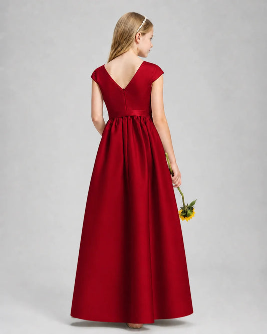 Burgundy Satin A-line Junior Bridesmaid Dress Back View
