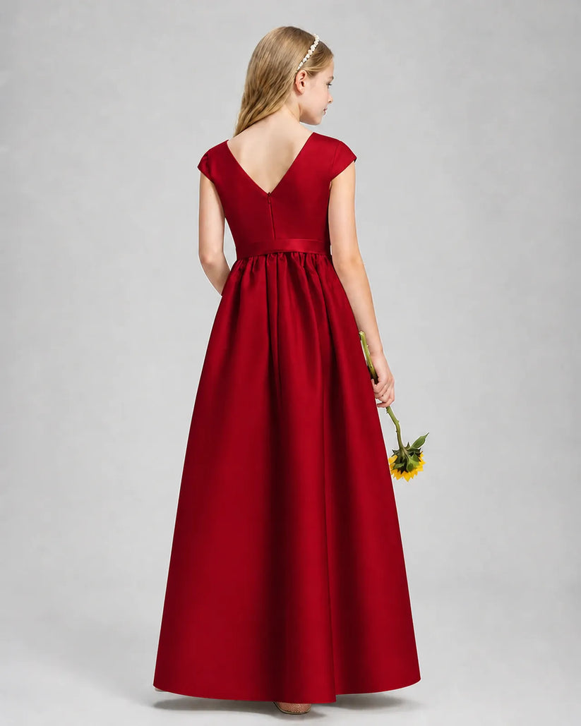 Burgundy Satin A-line Junior Bridesmaid Dress Back View