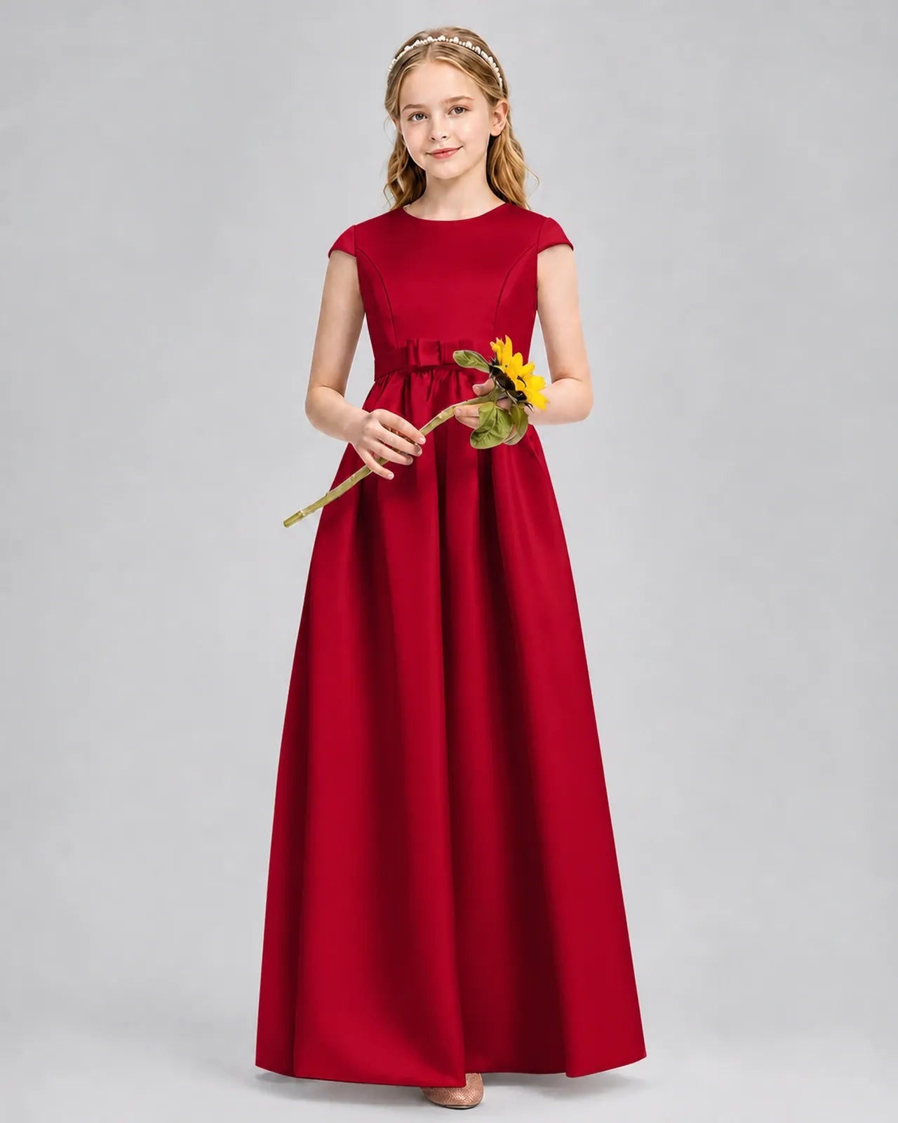Burgundy Satin A-line Junior Bridesmaid Dress Front View