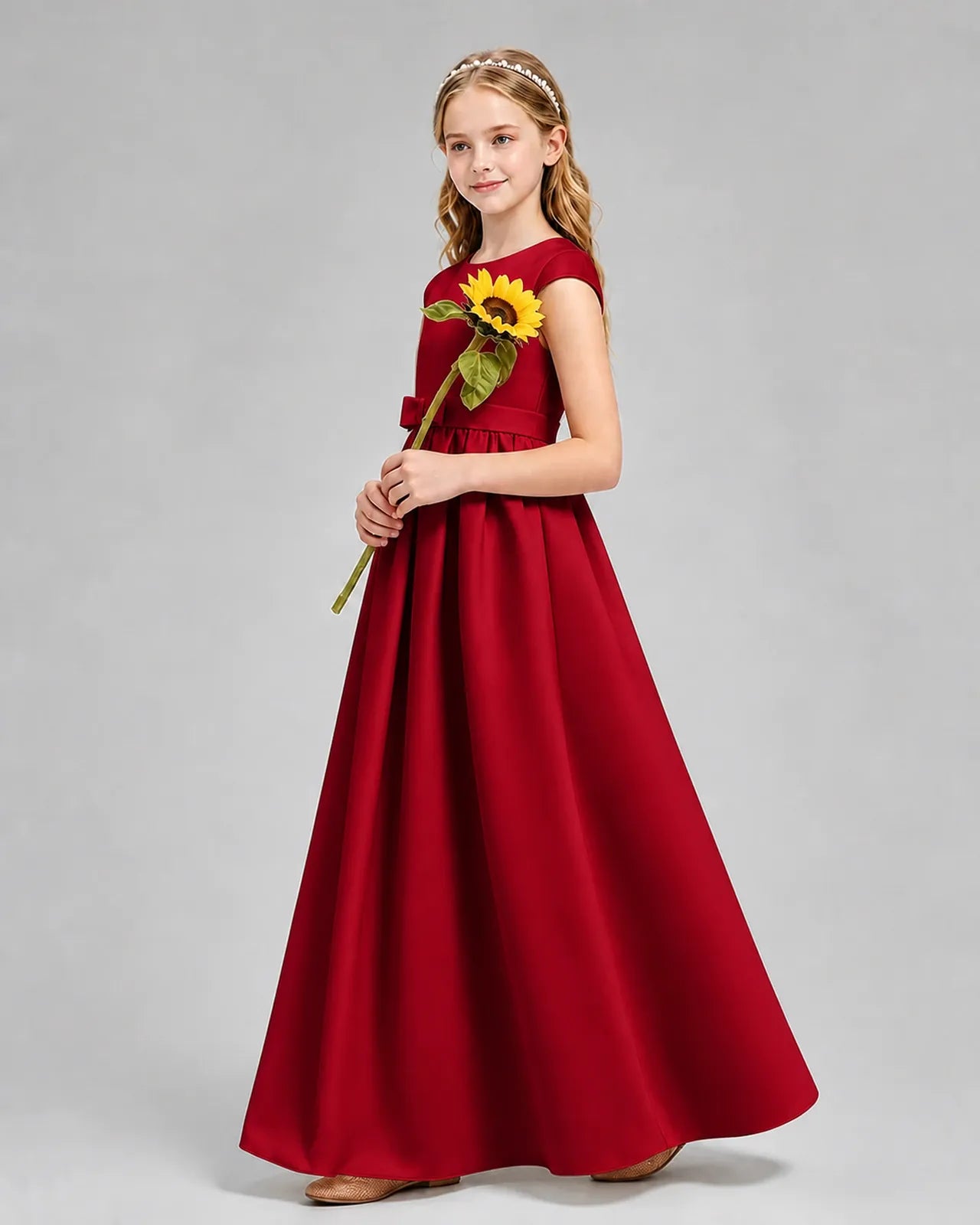Burgundy Satin A-line Junior Bridesmaid Dress Side View