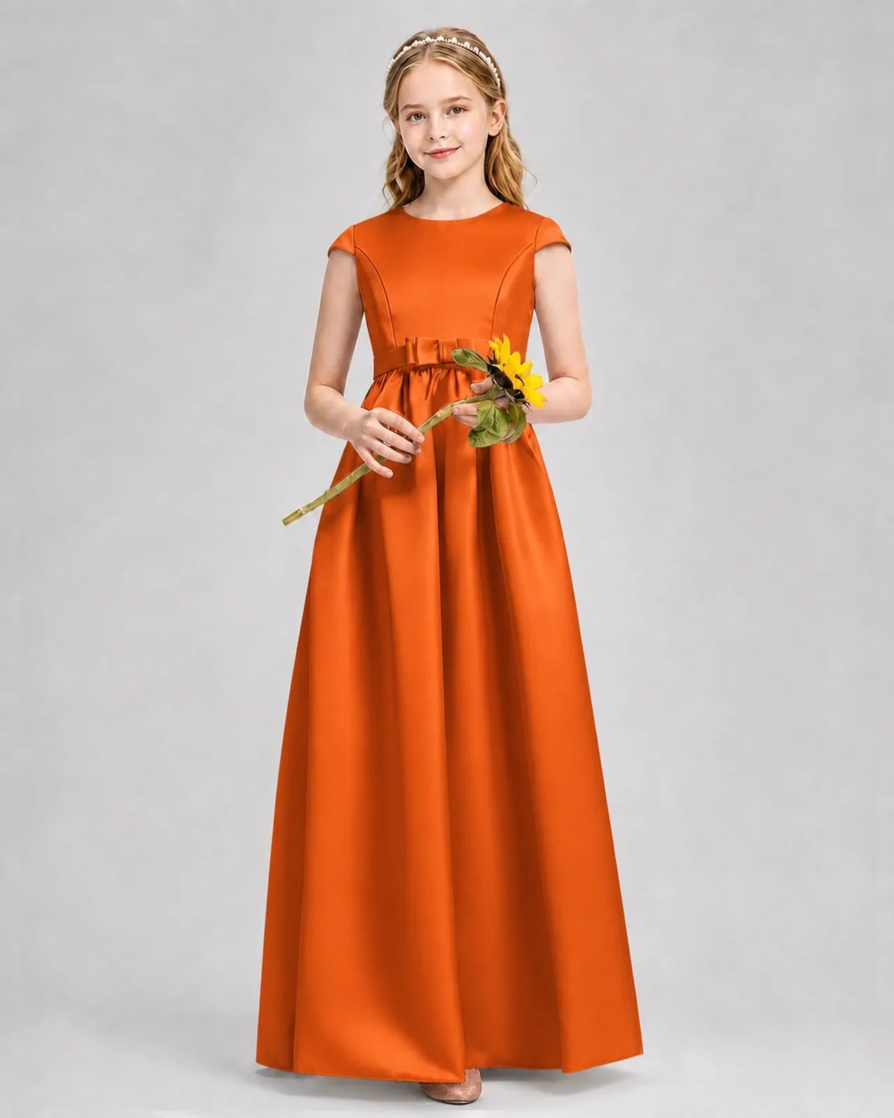 Burnt Orange Satin A-line Junior Bridesmaid Dress Front View
