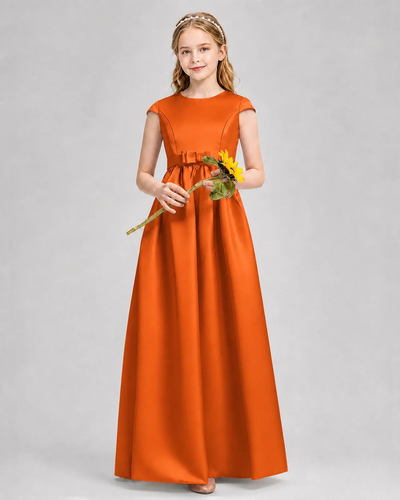 Burnt Orange Satin A-line Junior Bridesmaid Dress Front View