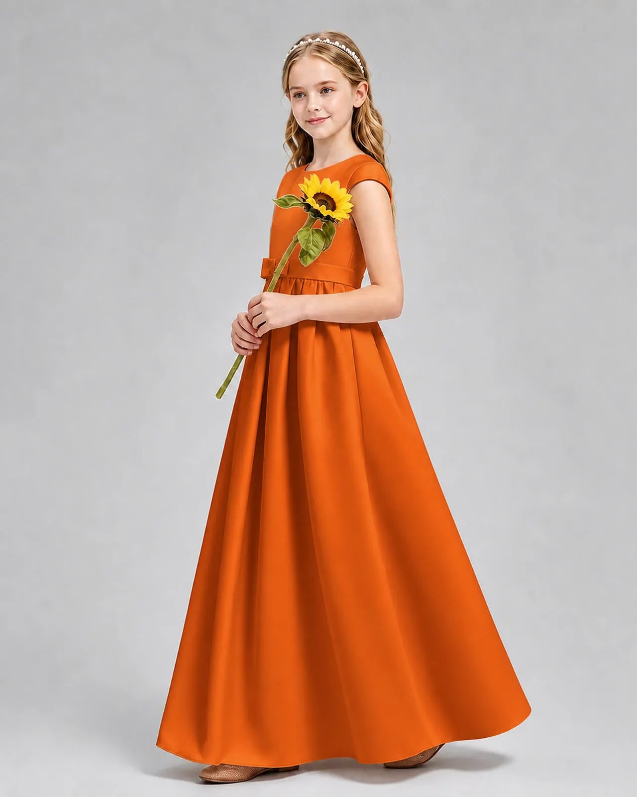 Burnt Orange Satin A-line Junior Bridesmaid Dress Side View