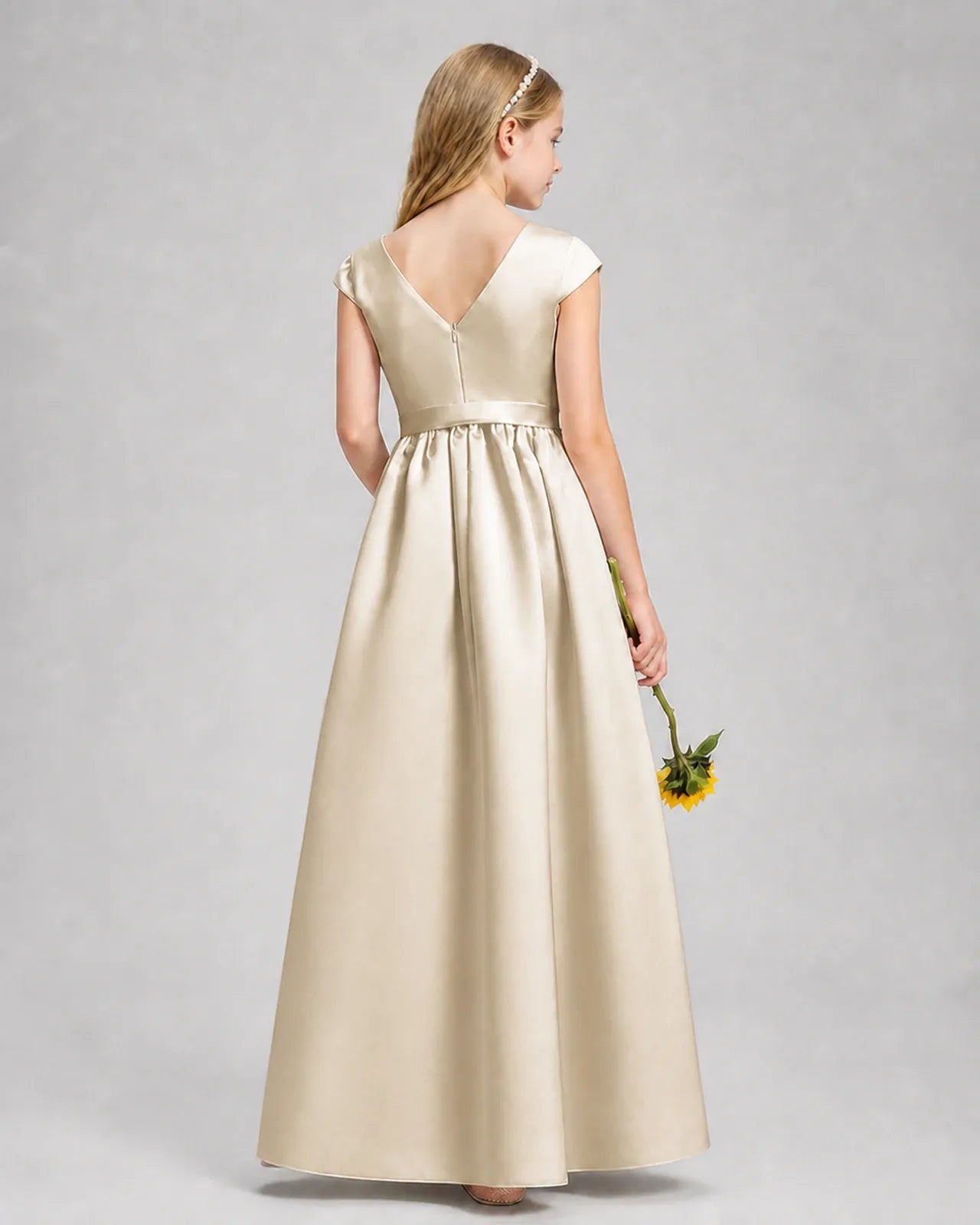 Champagne Satin A-line Junior Bridesmaid Dress Back View