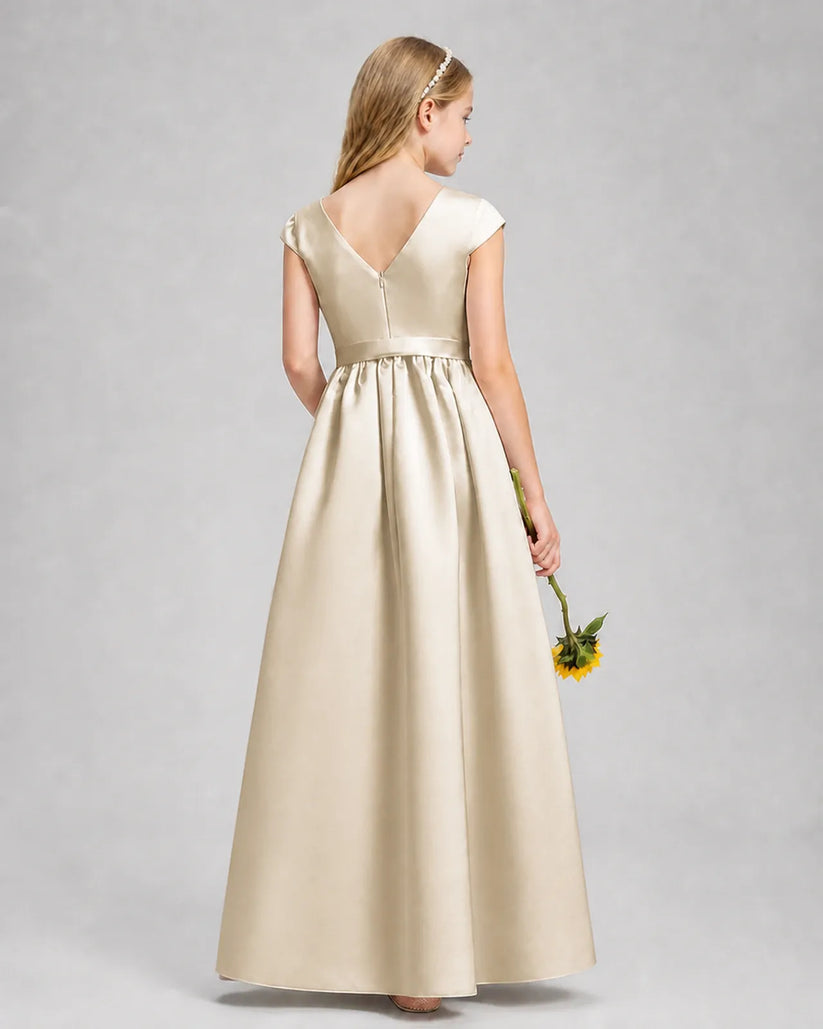 Champagne Satin A-line Junior Bridesmaid Dress Back View