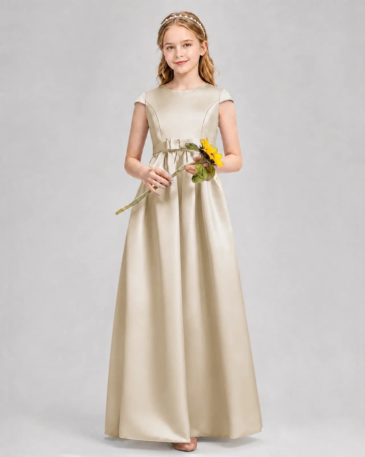 Champagne Satin A-line Junior Bridesmaid Dress Front View