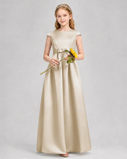 Champagne Satin A-line Junior Bridesmaid Dress Front View