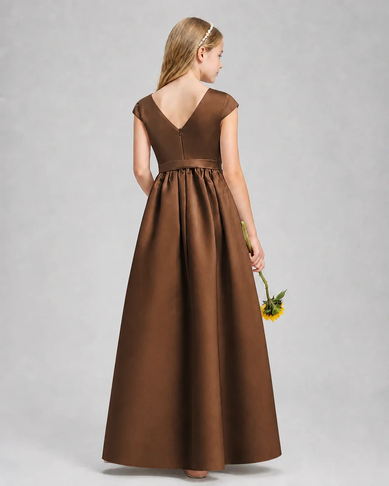 Chocolate Satin A-line Junior Bridesmaid Dress Back View