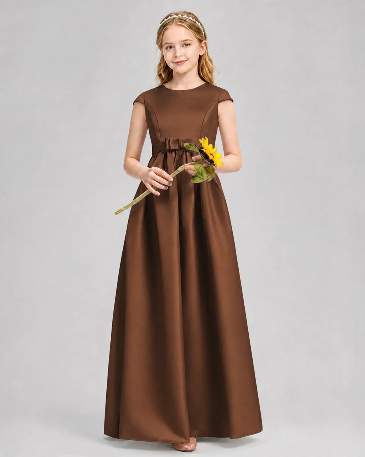 Chocolate Satin A-line Junior Bridesmaid Dress Front View