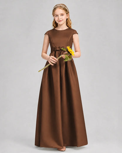 Chocolate Satin A-line Junior Bridesmaid Dress Front View