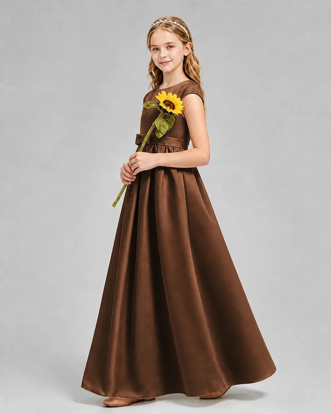 Chocolate Satin A-line Junior Bridesmaid Dress Side View