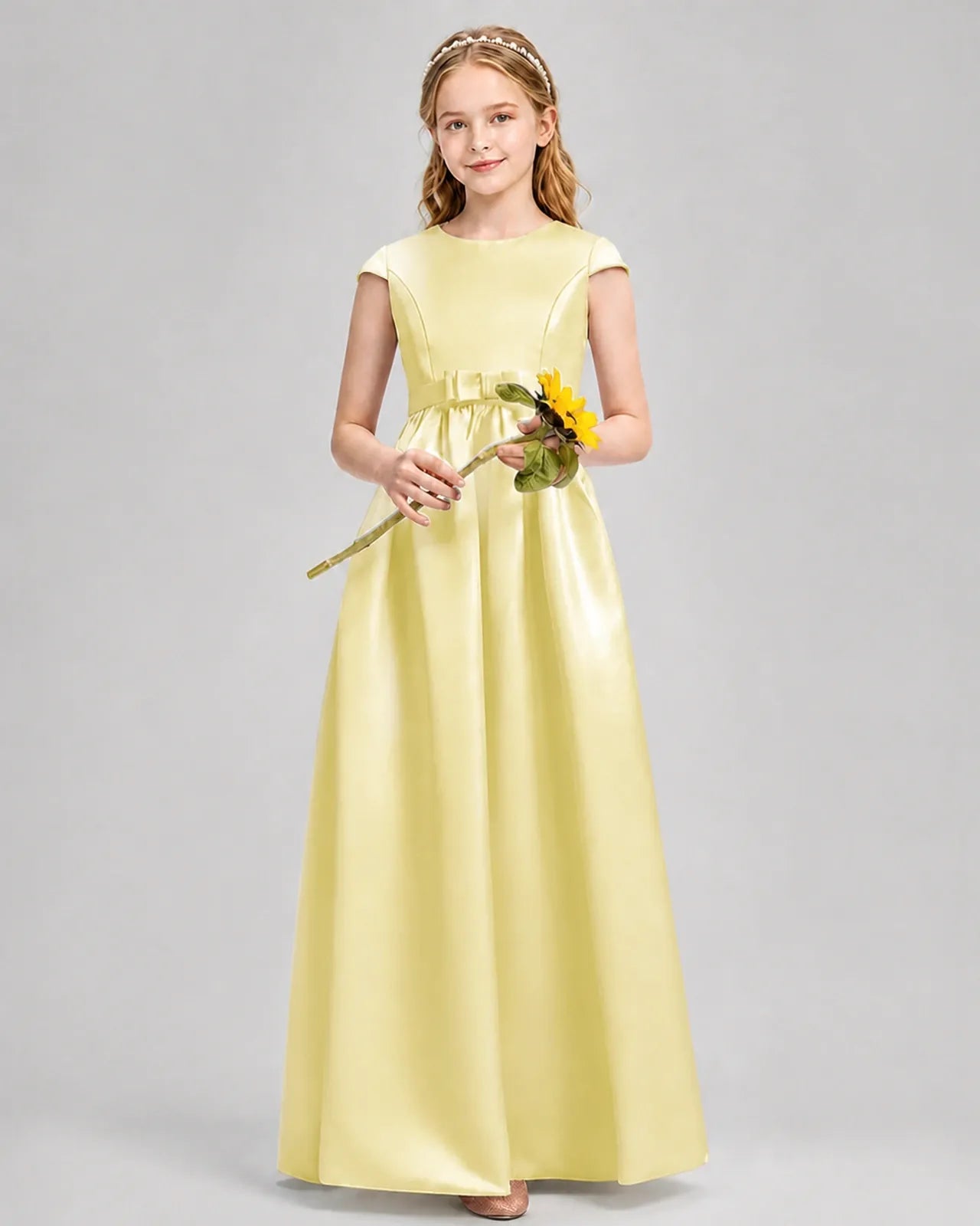 Daffodil Satin A-line Junior Bridesmaid Dress Front View