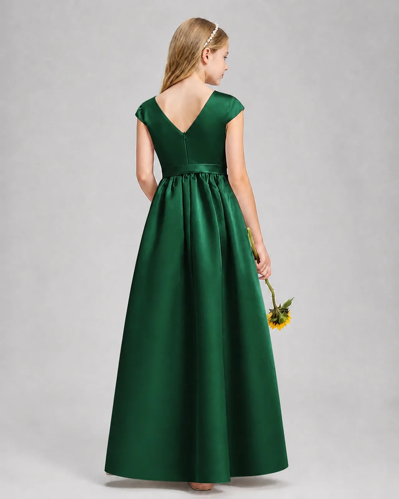 Dark Green Satin A-line Junior Bridesmaid Dress Back View