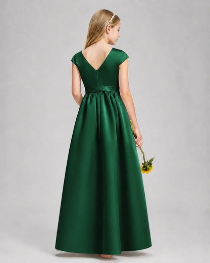 Dark Green Satin A-line Junior Bridesmaid Dress Back View