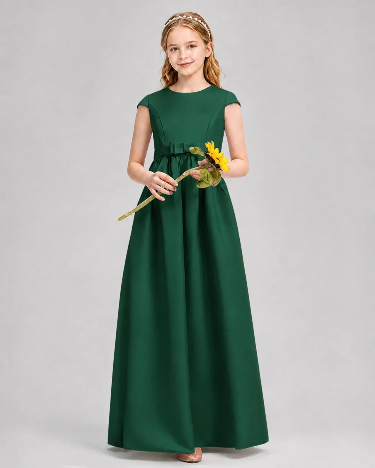 Dark Green Satin A-line Junior Bridesmaid Dress Front View