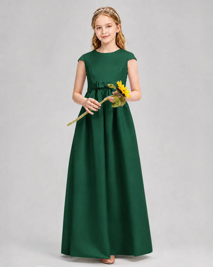 Dark Green Satin A-line Junior Bridesmaid Dress Front View