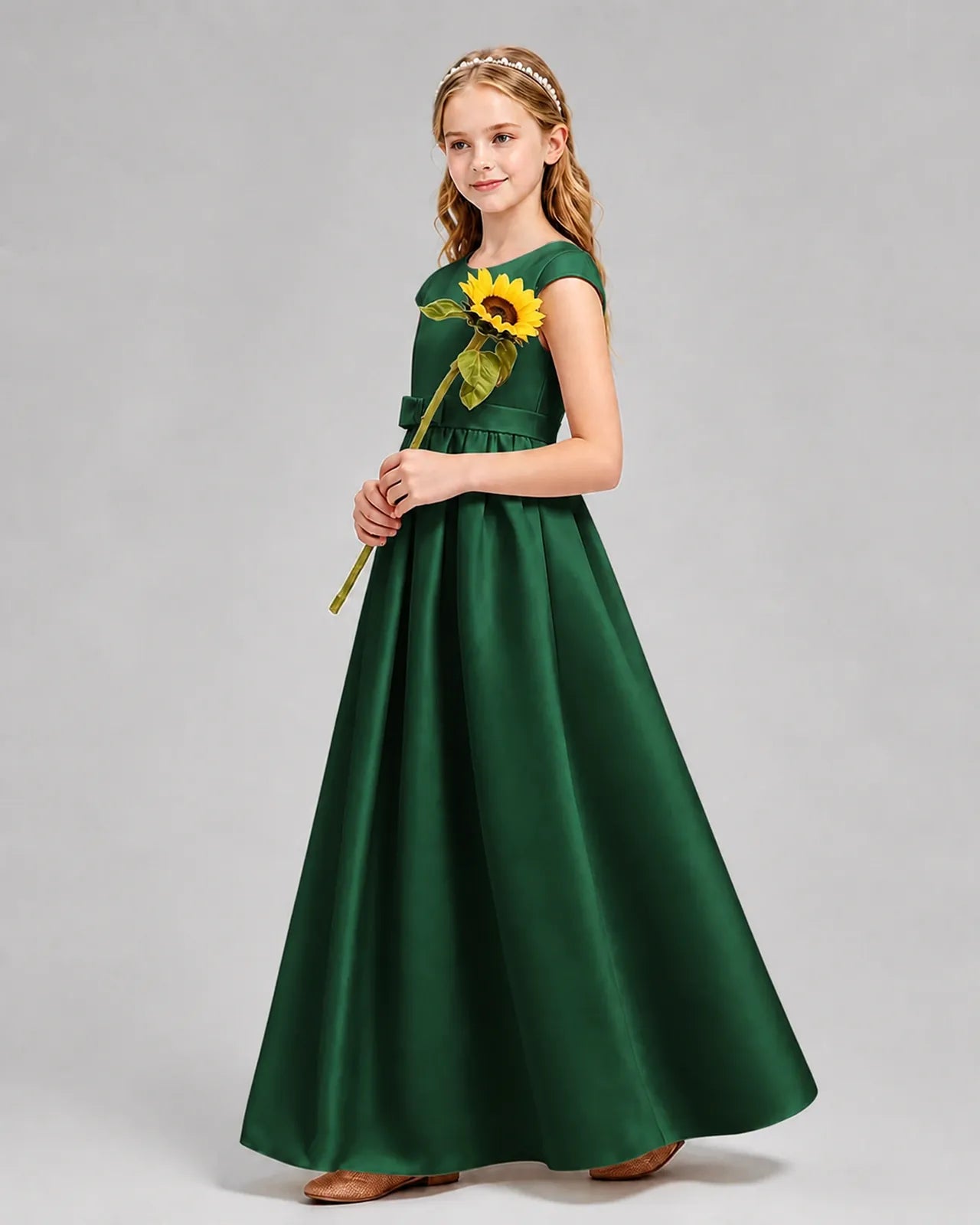 Dark Green Satin A-line Junior Bridesmaid Dress Side View