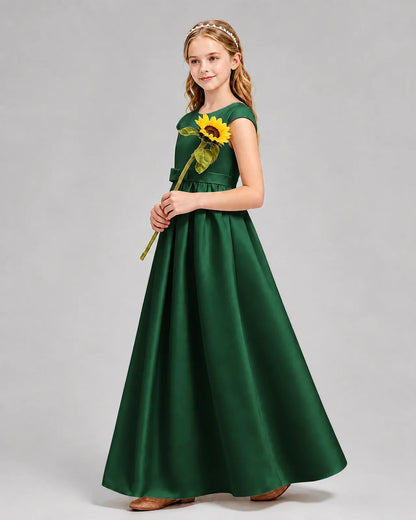 Dark Green Satin A-line Junior Bridesmaid Dress Side View