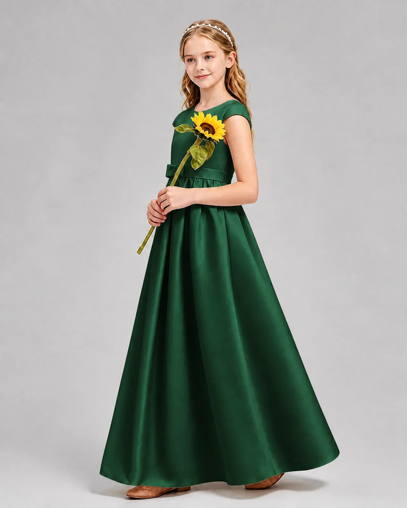 Dark Green Satin A-line Junior Bridesmaid Dress Side View