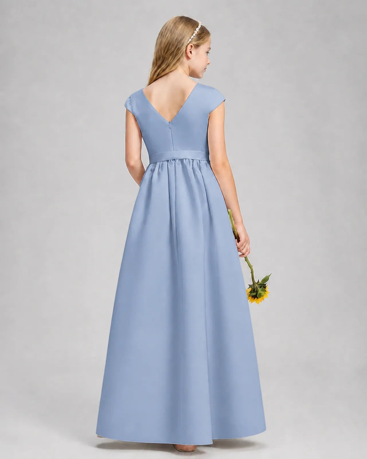 Dusty Blue Satin A-line Junior Bridesmaid Dress Back View