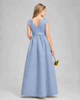 Dusty Blue Satin A-line Junior Bridesmaid Dress Back View
