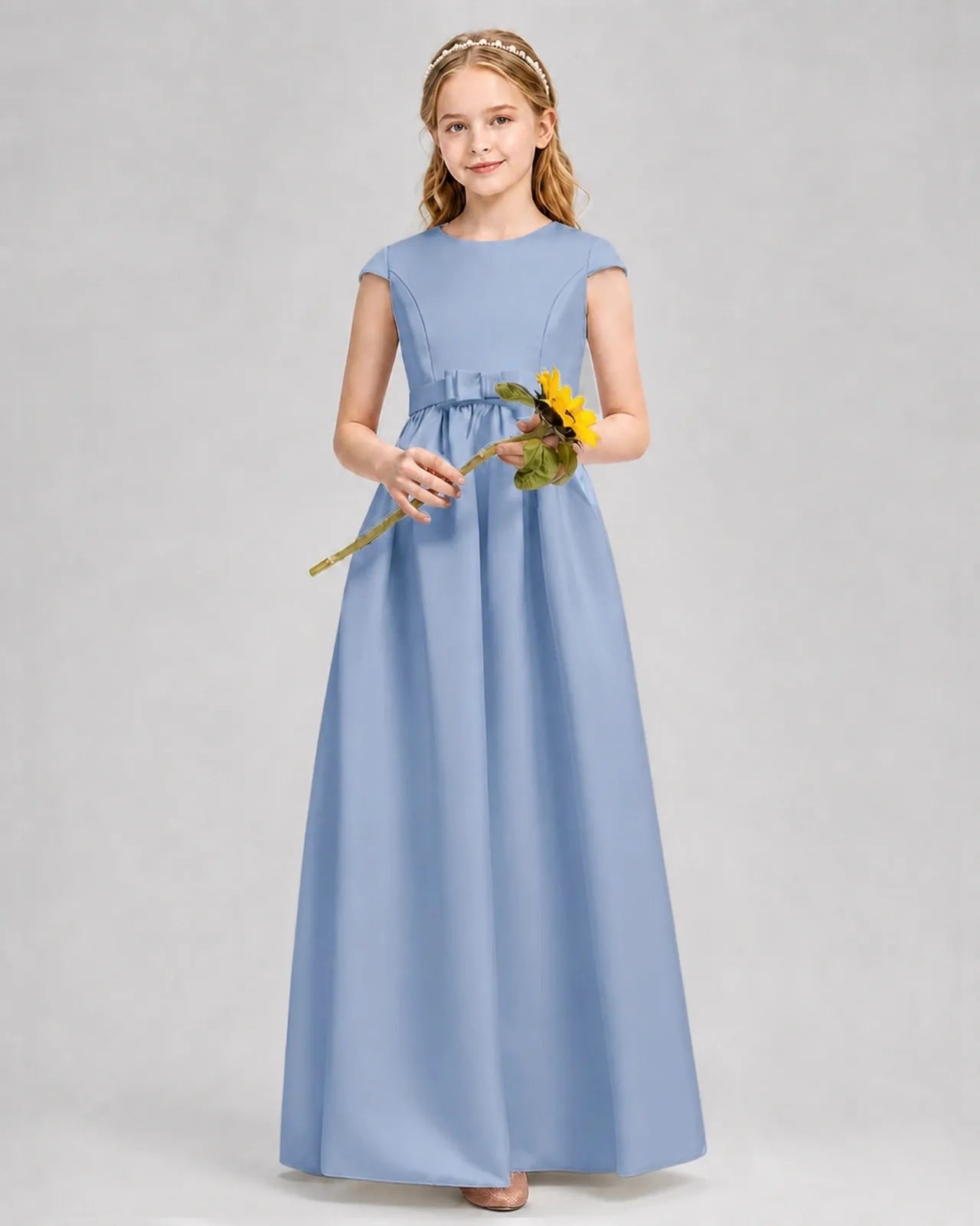 Dusty Blue Satin A-line Junior Bridesmaid Dress Front View