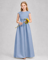 Dusty Blue Satin A-line Junior Bridesmaid Dress Front View