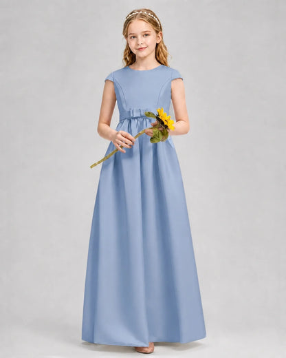 Dusty Blue Satin A-line Junior Bridesmaid Dress Front View