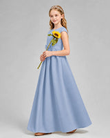 Dusty Blue Satin A-line Junior Bridesmaid Dress Side View