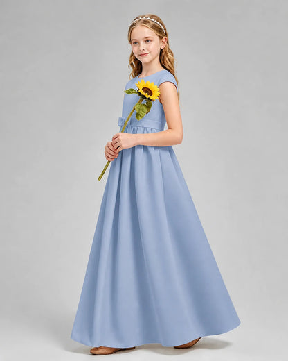 Dusty Blue Satin A-line Junior Bridesmaid Dress Side View