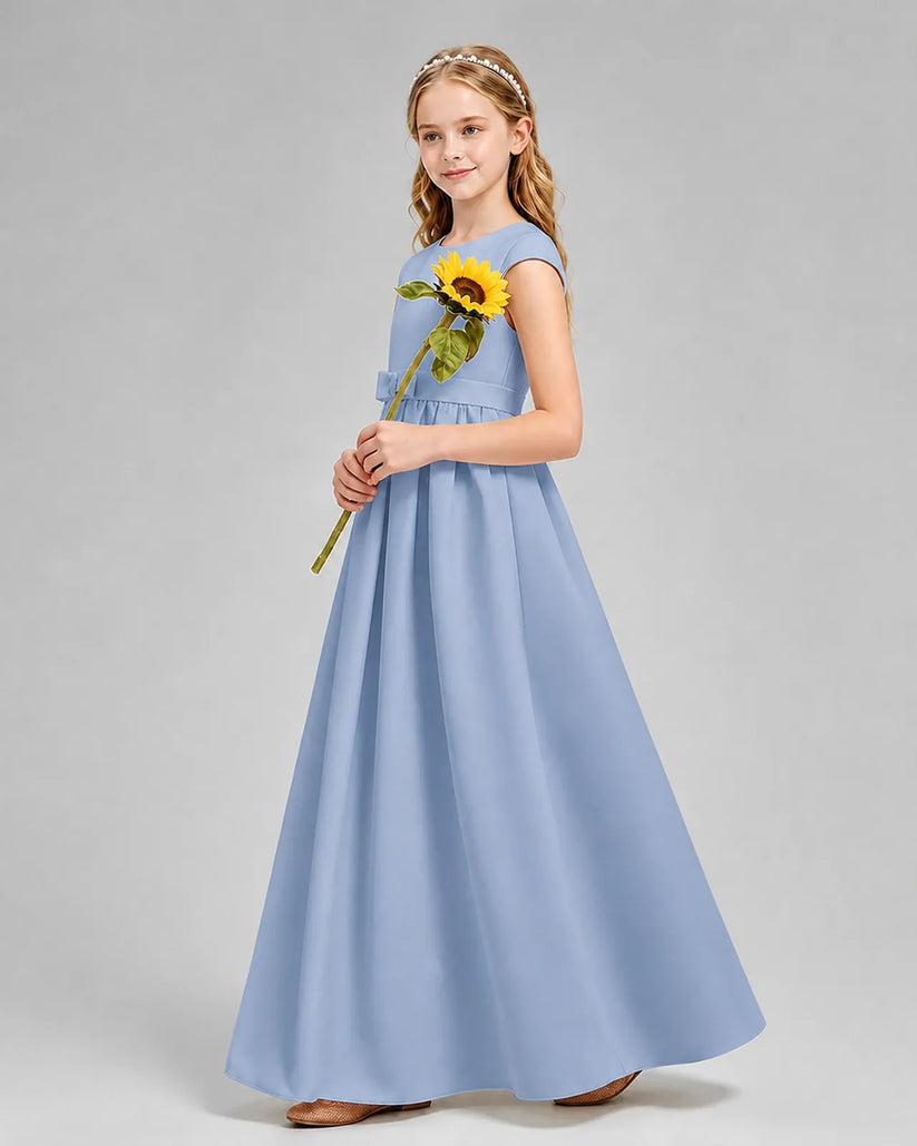 Dusty Blue Satin A-line Junior Bridesmaid Dress Side View
