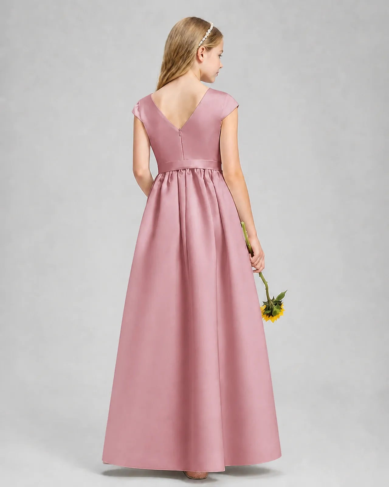 Dusty Rose Satin A-line Junior Bridesmaid Dress Back View