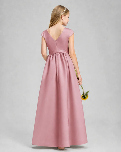 Dusty Rose Satin A-line Junior Bridesmaid Dress Back View