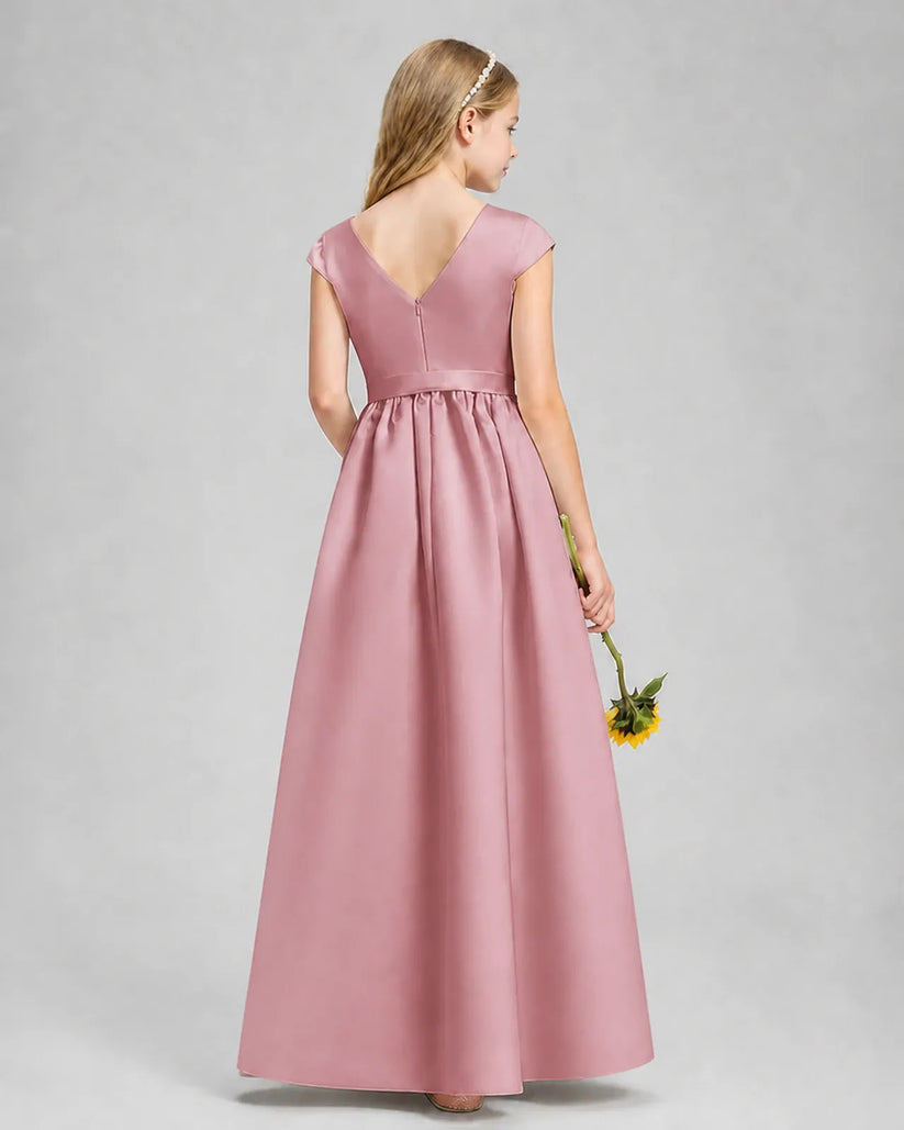 Dusty Rose Satin A-line Junior Bridesmaid Dress Back View