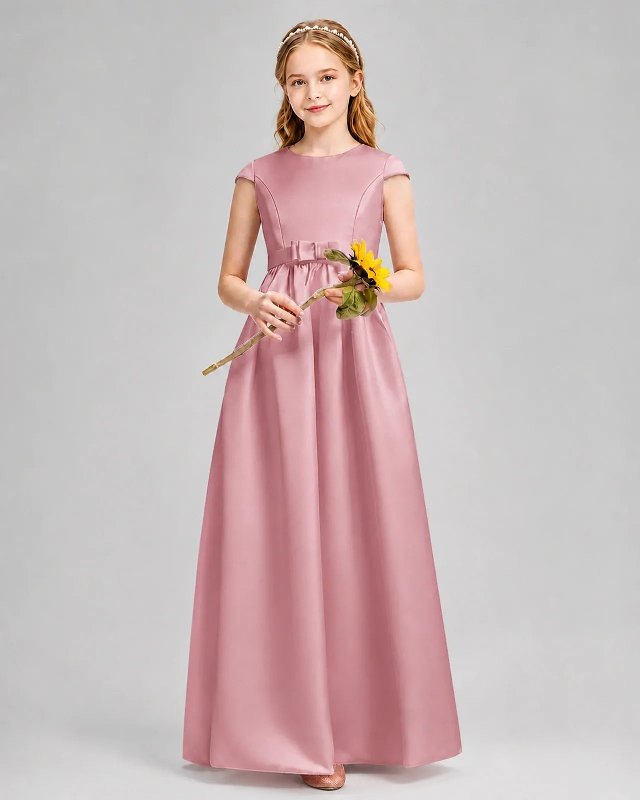 Dusty Rose Satin A-line Junior Bridesmaid Dress Front View