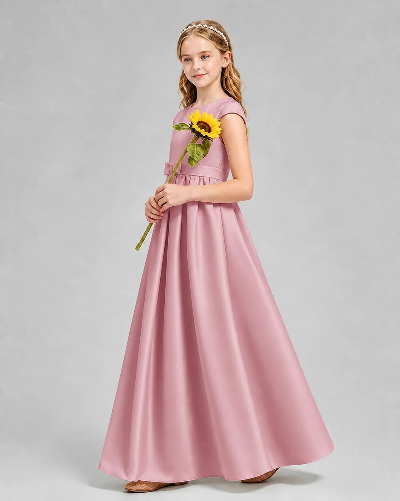 Dusty Rose Satin A-line Junior Bridesmaid Dress Side View