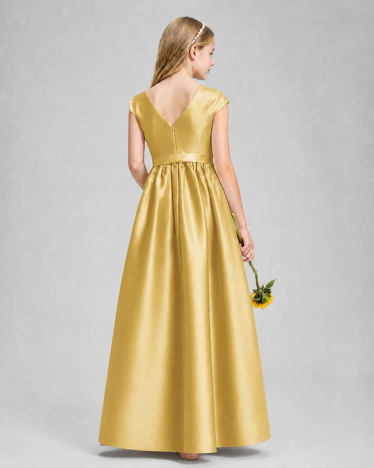 Gold Satin A-line Junior Bridesmaid Dress Back View