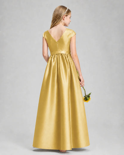 Gold Satin A-line Junior Bridesmaid Dress Back View