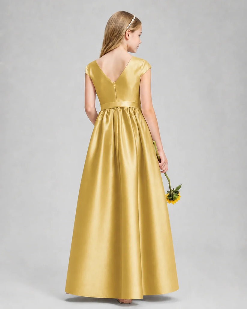 Gold Satin A-line Junior Bridesmaid Dress Back View