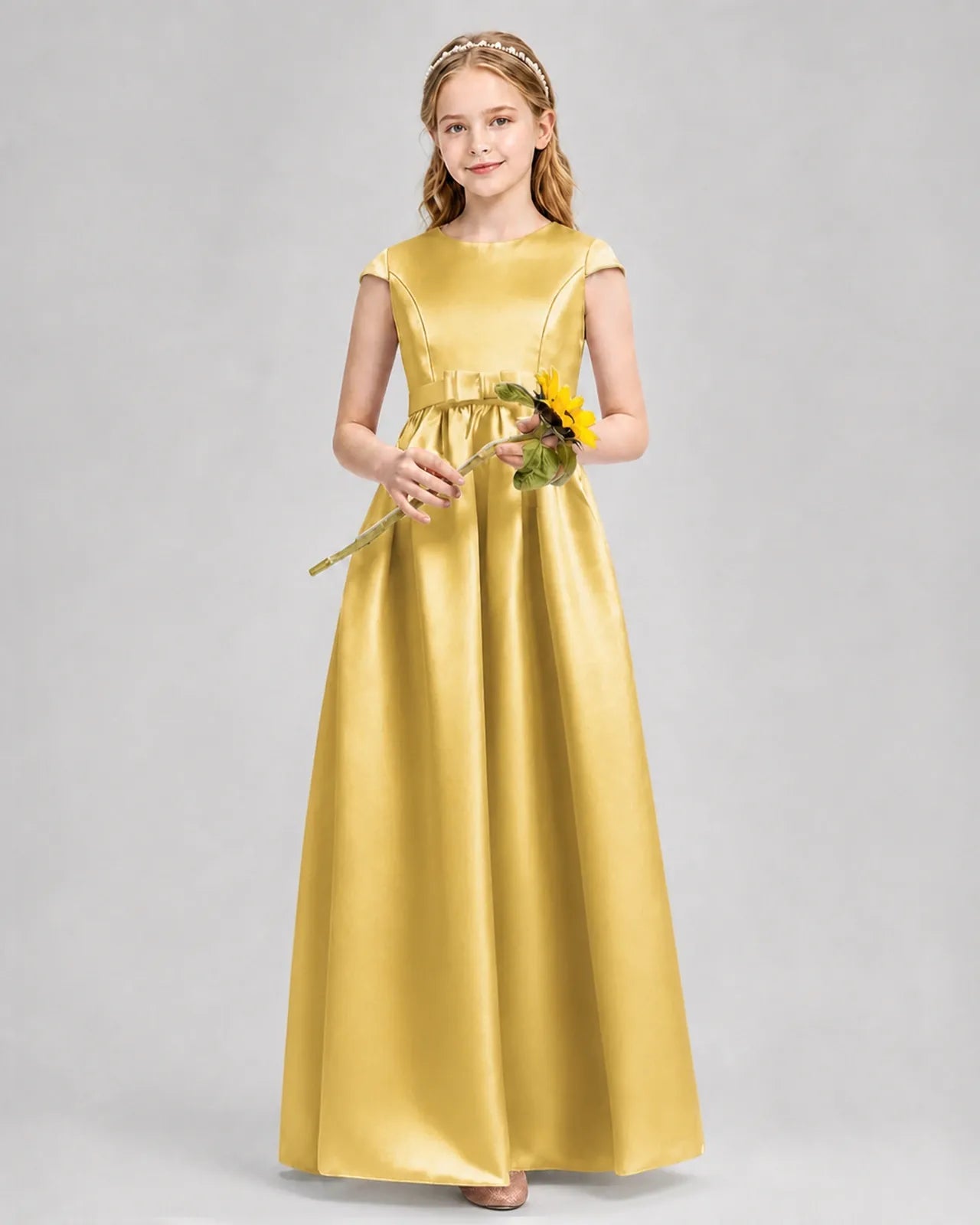 Gold Satin A-line Junior Bridesmaid Dress Front View