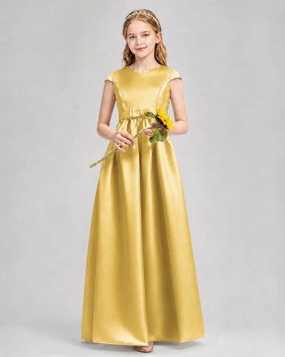 Gold Satin A-line Junior Bridesmaid Dress Front View