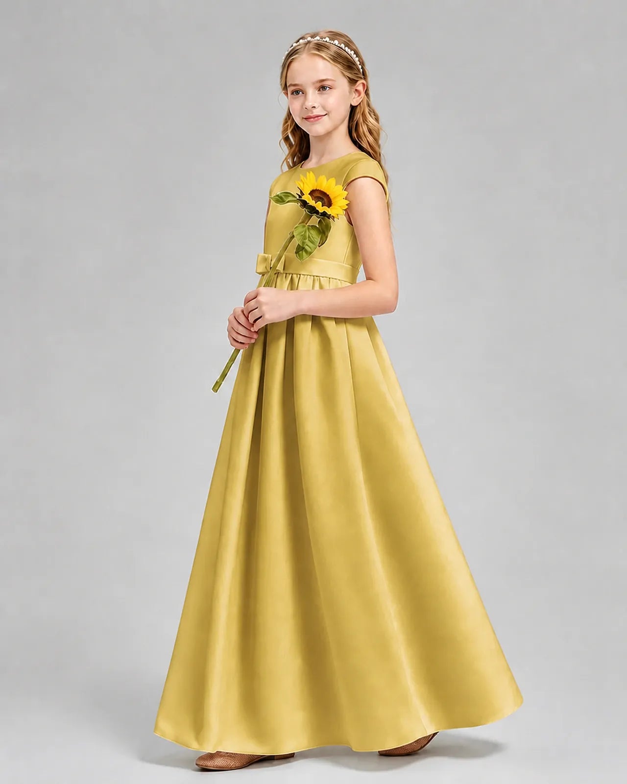 Gold Satin A-line Junior Bridesmaid Dress Side View
