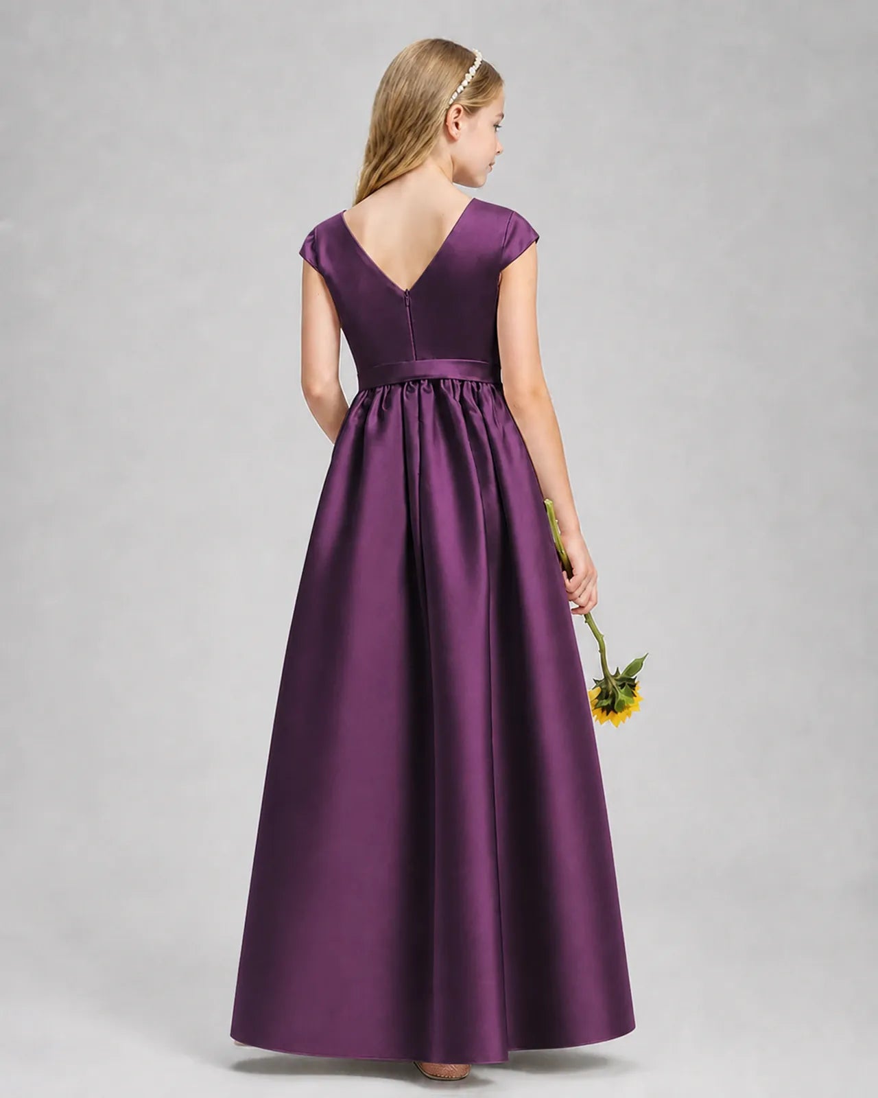 Grape Satin A-line Junior Bridesmaid Dress Back View